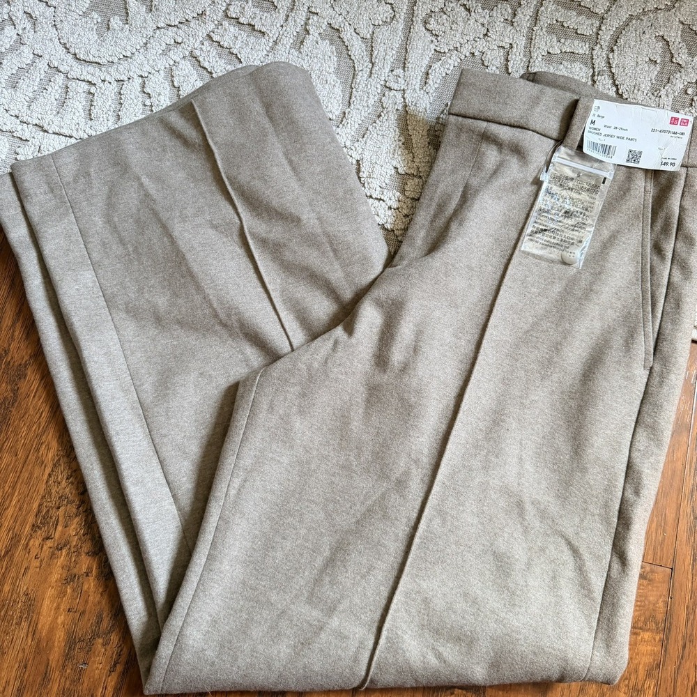 Uniqlo Pleated Wide Leg Pants brushed Jersey Womens M Tan High Rise Trousers